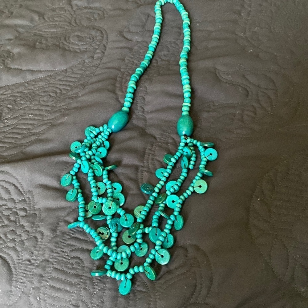 Boho jewelry, necklace, Vintage wooden turquoise layered 36 inches